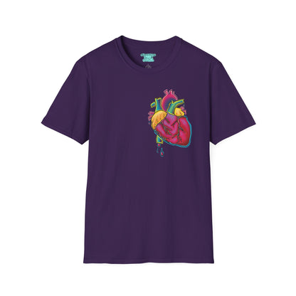 Anatomical Heart Graphic Tee, Neon Heart with Blood Dripping, Adult Unisex Short Sleeve Tee