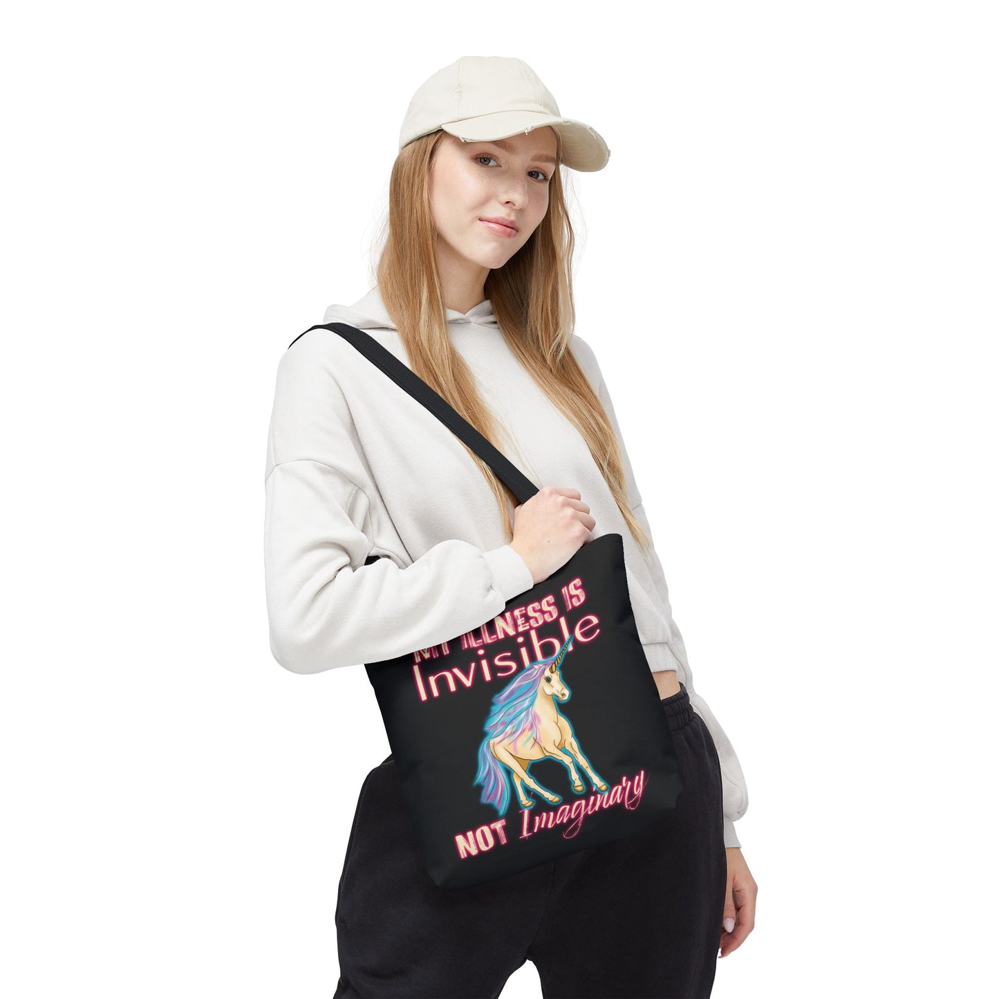 Invisible Illness Unicorn Tote Bag, Black Invisible Disability Canvas Reusable Bag