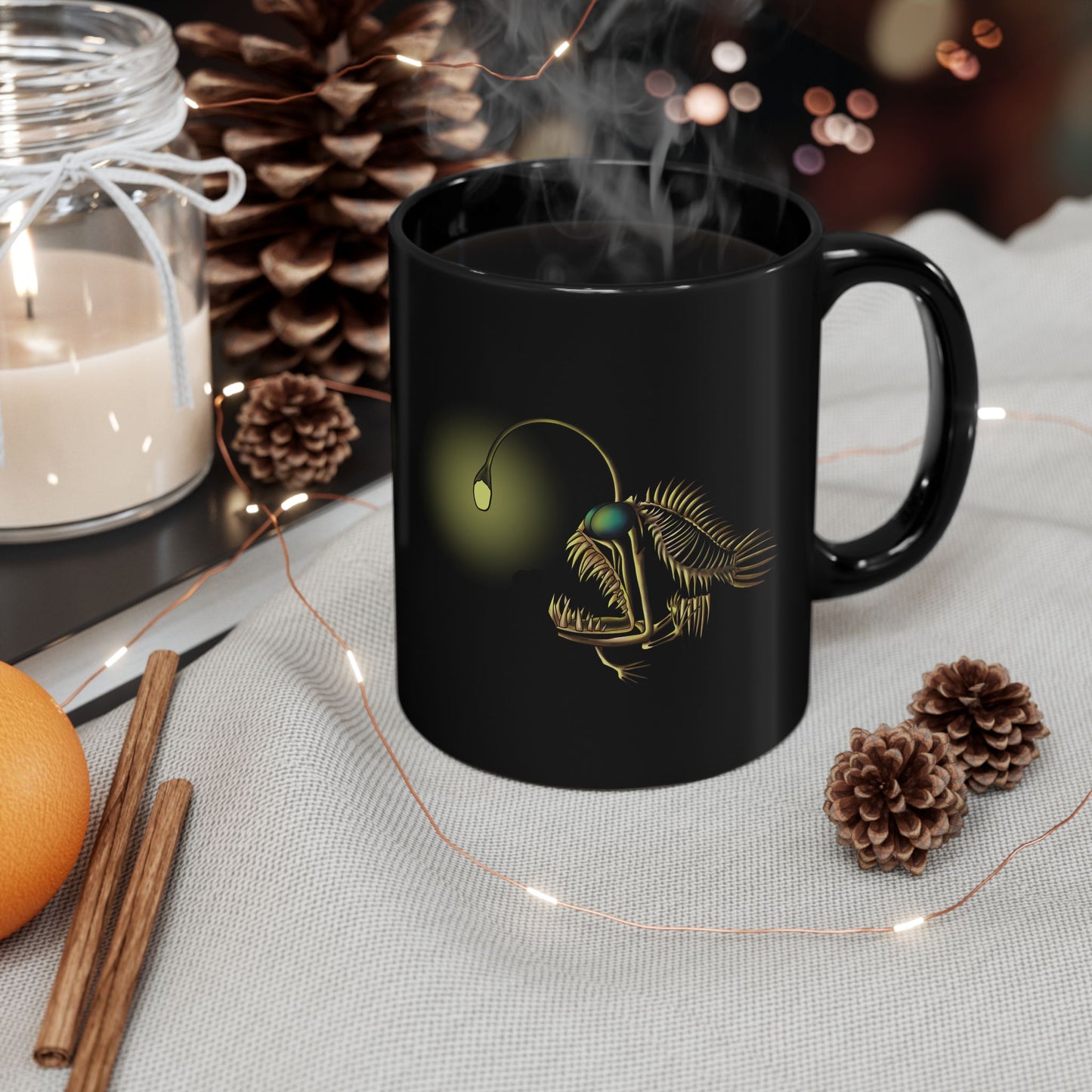 Angler Fish Skeleton Mug: Glowing Bioluminescent Lure Black Ceramic Coffee Mug