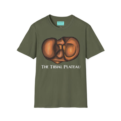 Military green unisex short sleeve tee featuring a clever anatomical illustration of the tibial plateau, reimagined as a landscape with rolling hills—because who knew the tibia could be so scenic?