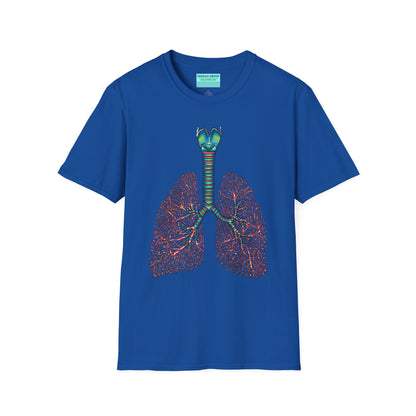Royal blue t-shirt featuring an illustration of anatomical lungs, including the bronchi, trachea, and larynx.