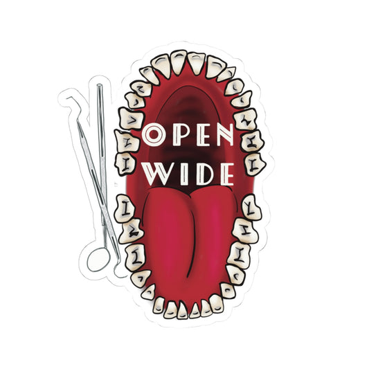 Dental Professional Vinyl Sticker, Decal for Dentists, Dental Hygienists, and Dental Offices, Open Wide, Mouth with Dental Instruments