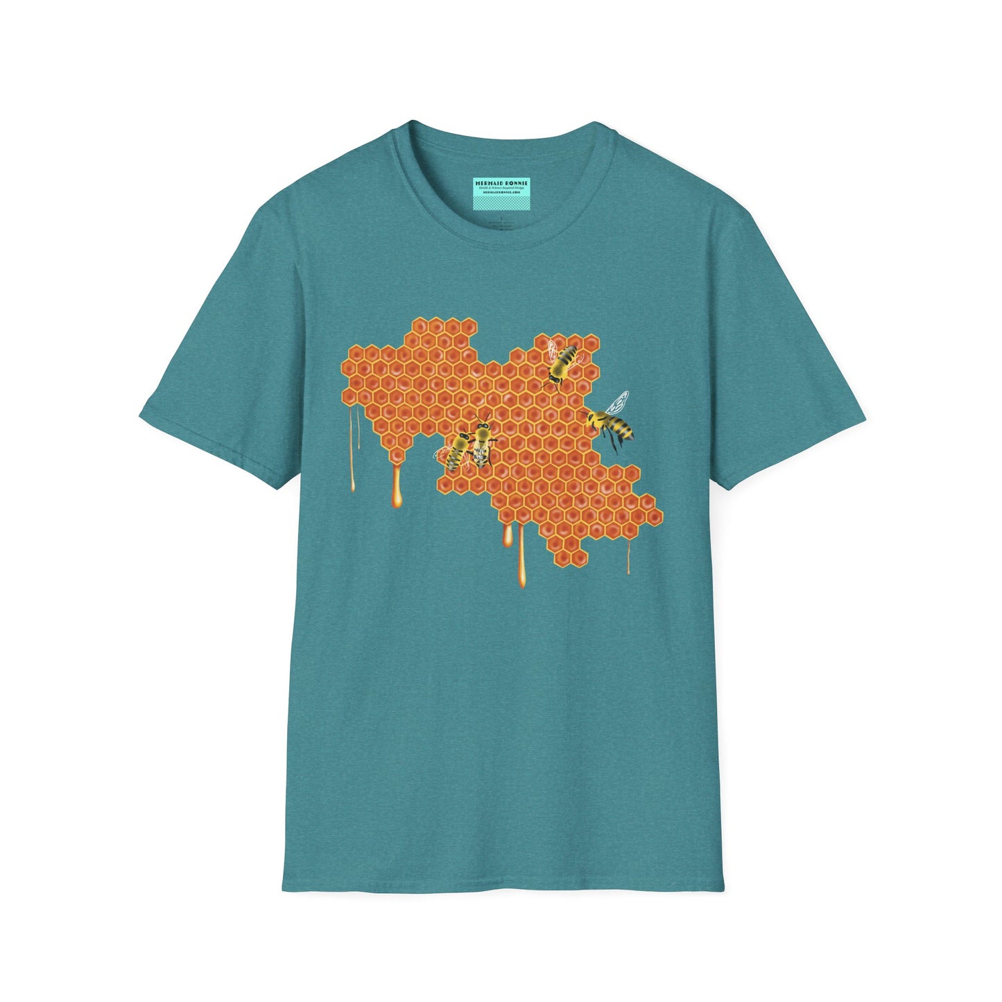 Tropical blue t-shirt featuring a picture of honeybees buzzing around a large piece of honeycomb with honey dripping down from it.