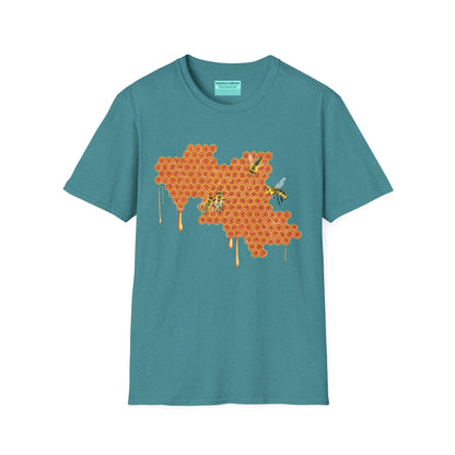Tropical blue t-shirt featuring a picture of honeybees buzzing around a large piece of honeycomb with honey dripping down from it.
