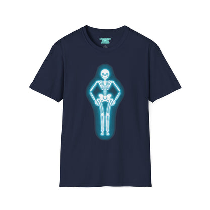 Neon Skeleton Graphic T-Shirt, Glowing Blue Neon Sign Tee, Unisex Skeleton Shirt