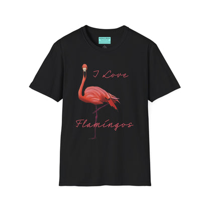 Black unisex short-sleeve tee with a fabulously pink flamingo strutting its stuff and the words “I love flamingos” — for anyone whose spirit animal stands on one leg.