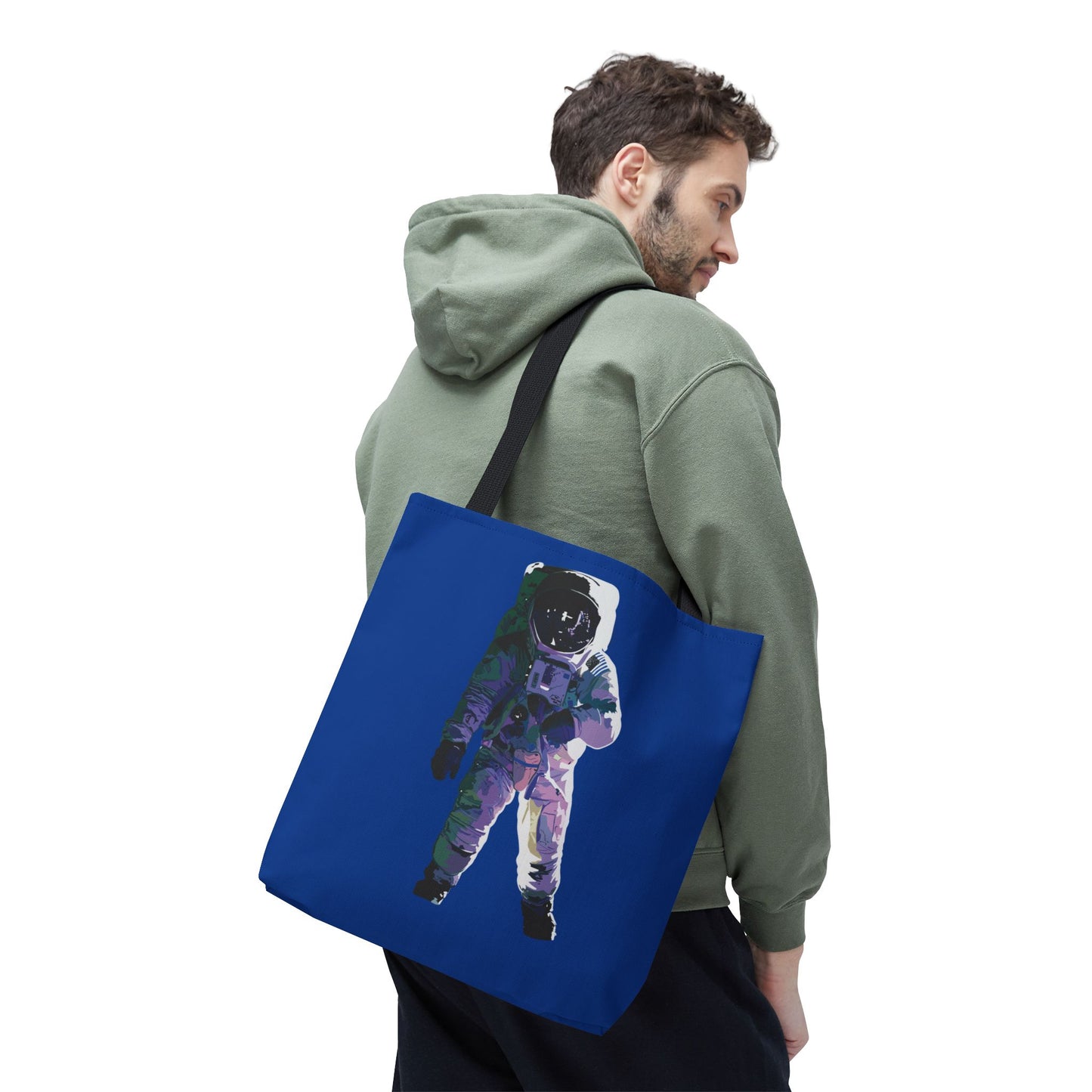 Space Astronaut Tote Bag with Black Handles, Royal Blue Canvas Astronomy Reusable Bag