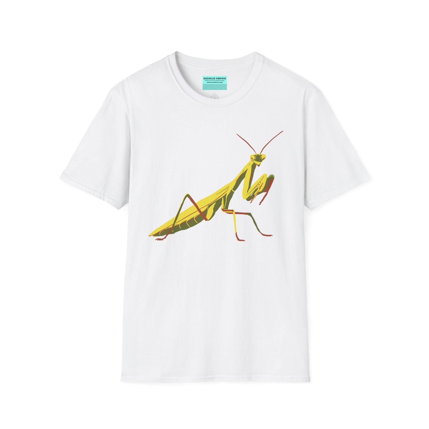 White t-shirt featuring an illustration of a green praying mantis on the front.