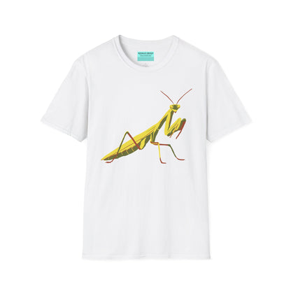 White t-shirt featuring an illustration of a green praying mantis on the front.