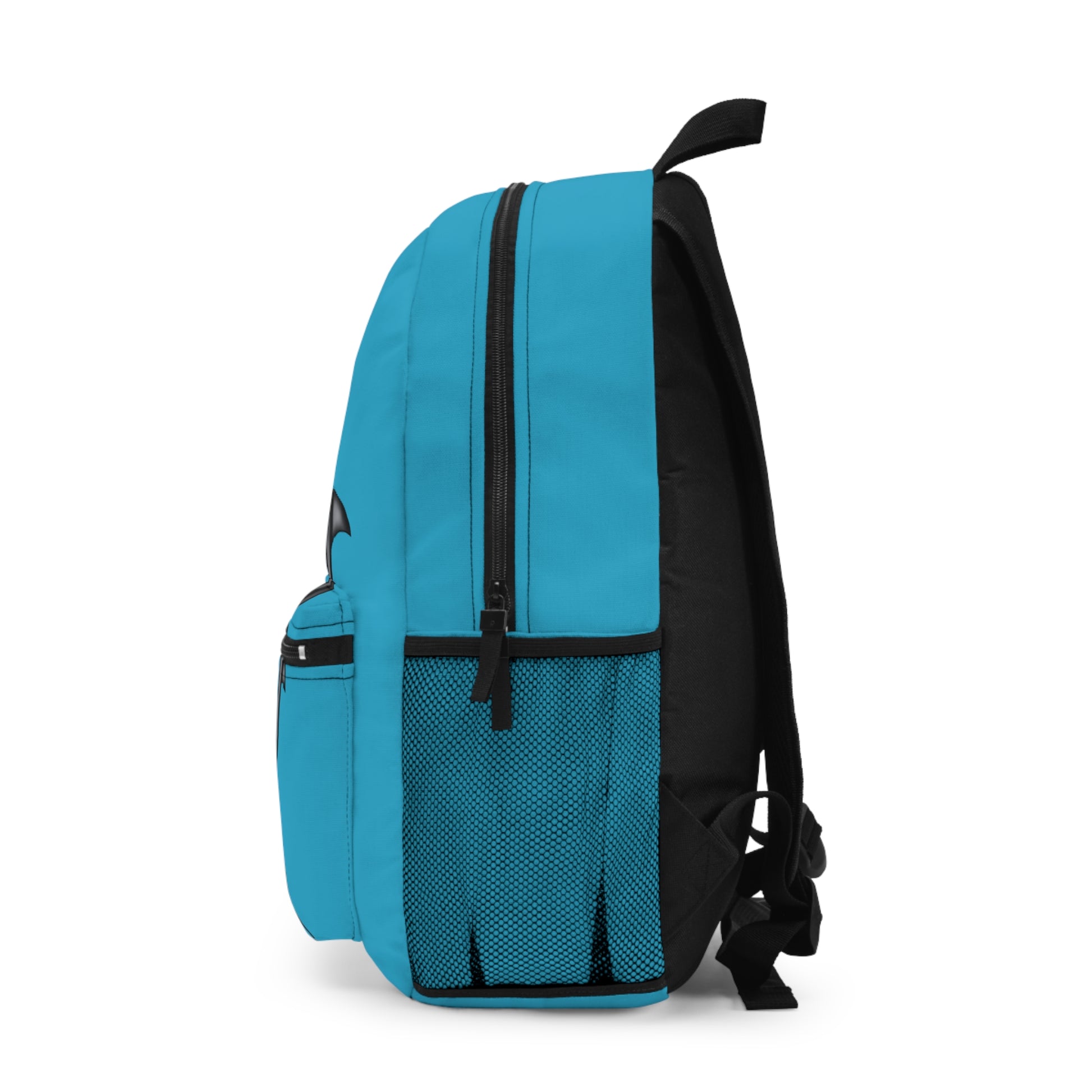 Left side of a turquoise blue backpack featuring a dynamic duo of hammerhead sharks gliding across the front—because nothing says "ready to tackle the day" like marine muscle and cartilaginous cool.