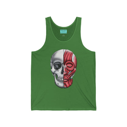 A light green unisex adult tank top with a detailed anatomical skull, half showing the bones and the other half revealing the facial muscles—because who doesn’t want to wear a little “muscle” with their style?
