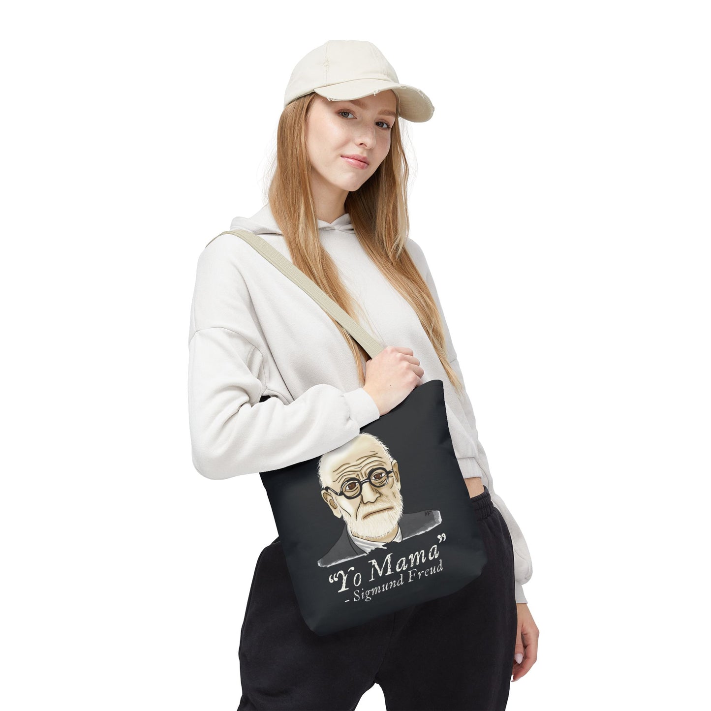 Funny Sigmund Freud Tote Bag, Psychology Humor Reusable Bag, Dark Grey Canvas Bag with Beige Handles