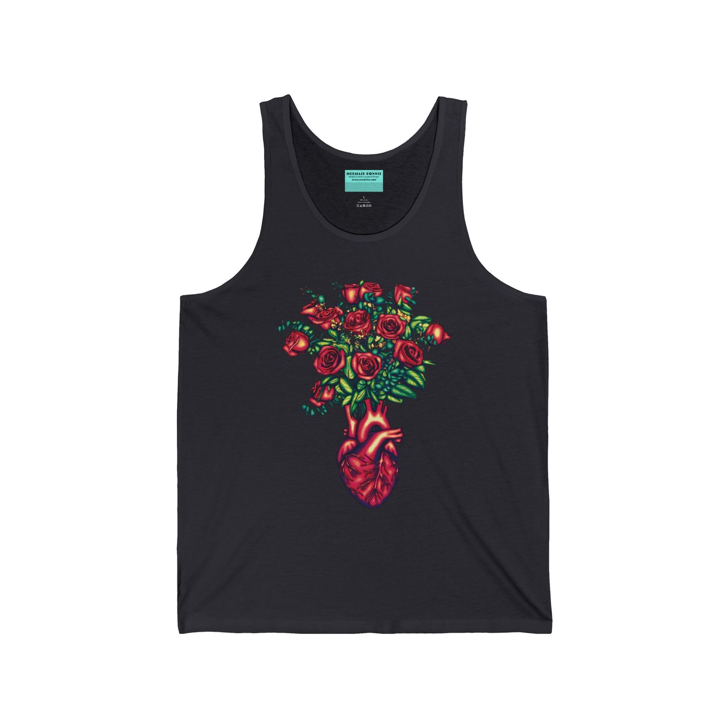 Charcoal grey unisex tank top featuring an illustration of an anatomical heart used as a vase, with a bouquet of red roses blooming from the top.