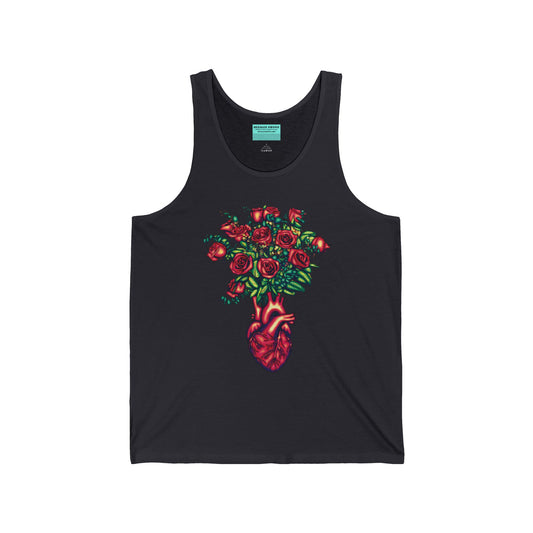 Charcoal grey unisex tank top featuring an illustration of an anatomical heart used as a vase, with a bouquet of red roses blooming from the top.