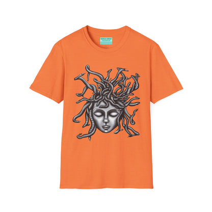 Light orange t-shirt featuring a grayscale drawing of Medusa.