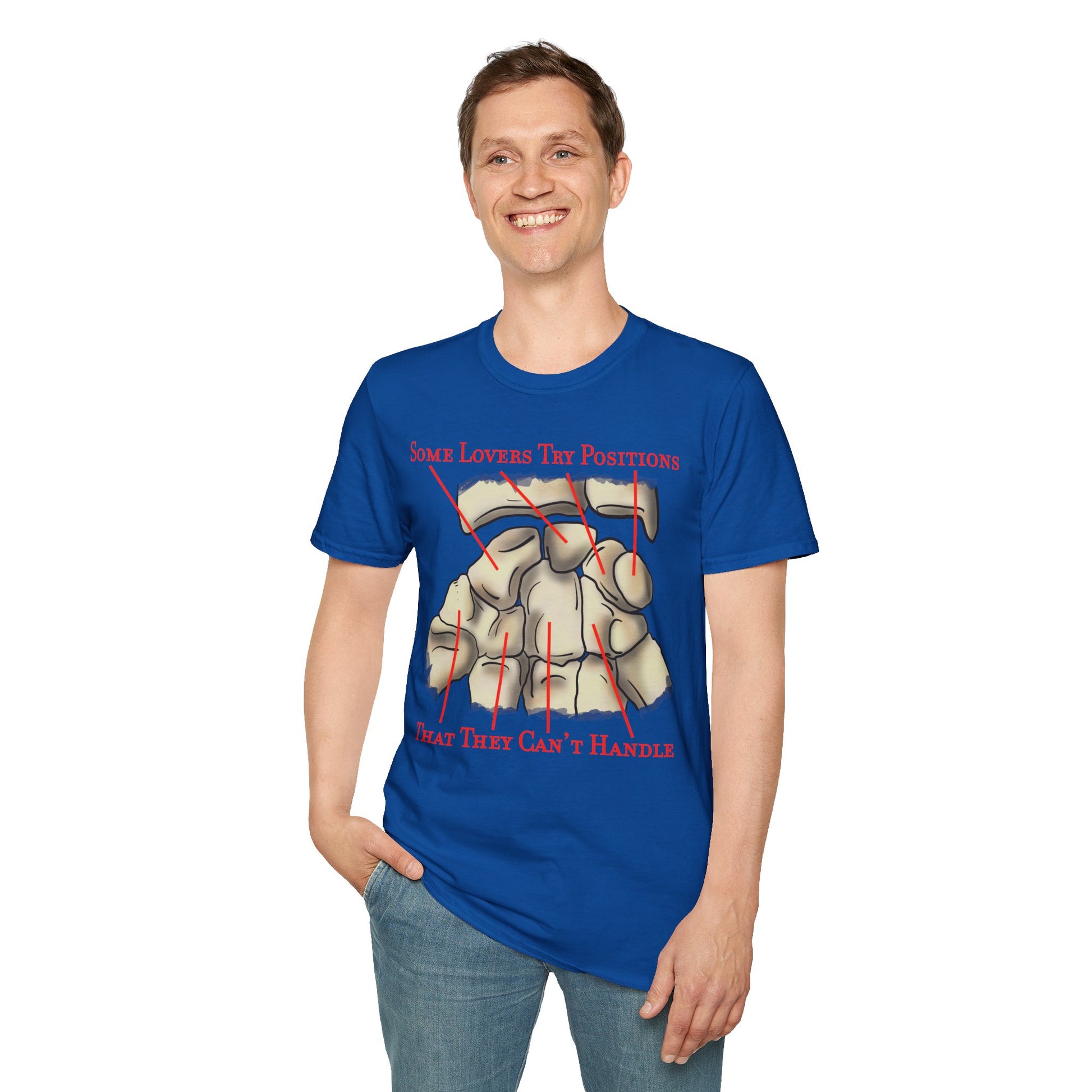 Man wearing a blue t-shirt featuring an anatomical drawing of the carpal bones, with the mnemonic 'Some lovers try positions that they can't handle' displayed.