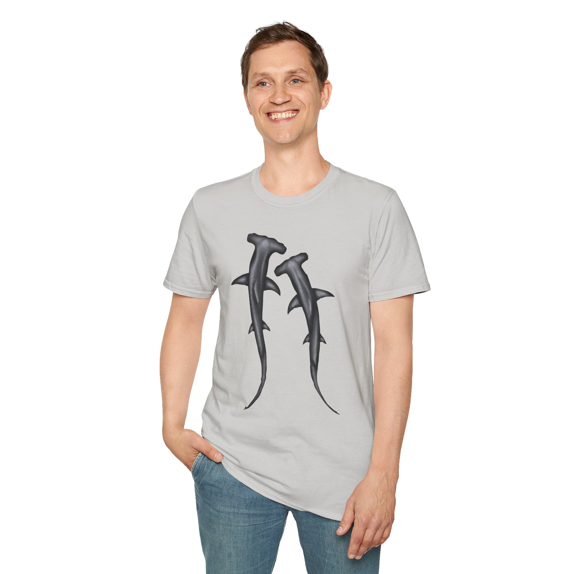 Man wearing a grey t-shirt featuring an illustration of two hammerhead sharks.
