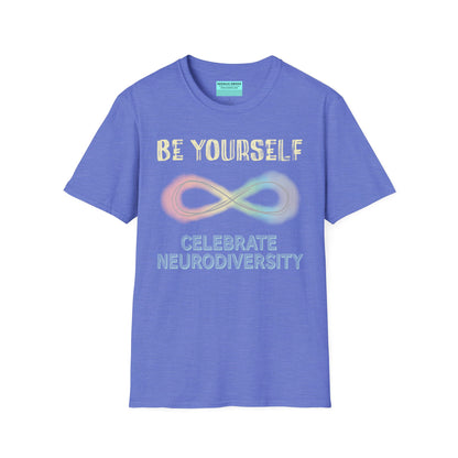 Cornflower blue t-shirt featuring a pastel-colored rainbow infinity symbol, with the text 'Be yourself, celebrate neurodiversity'.