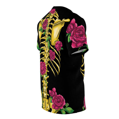 Right side view of a unisex black athletic t-shirt featuring a gold anatomical skeleton adorned with blooming pink roses—because strength and beauty aren't mutually exclusive, and your bones deserve to blossom.
