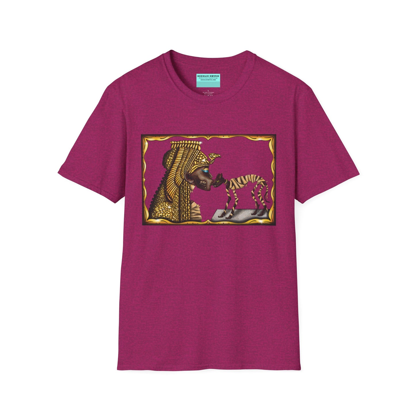 Fuscia t-shirt featuring an illustration of Cleopatra mummy kissing a cat mummy.