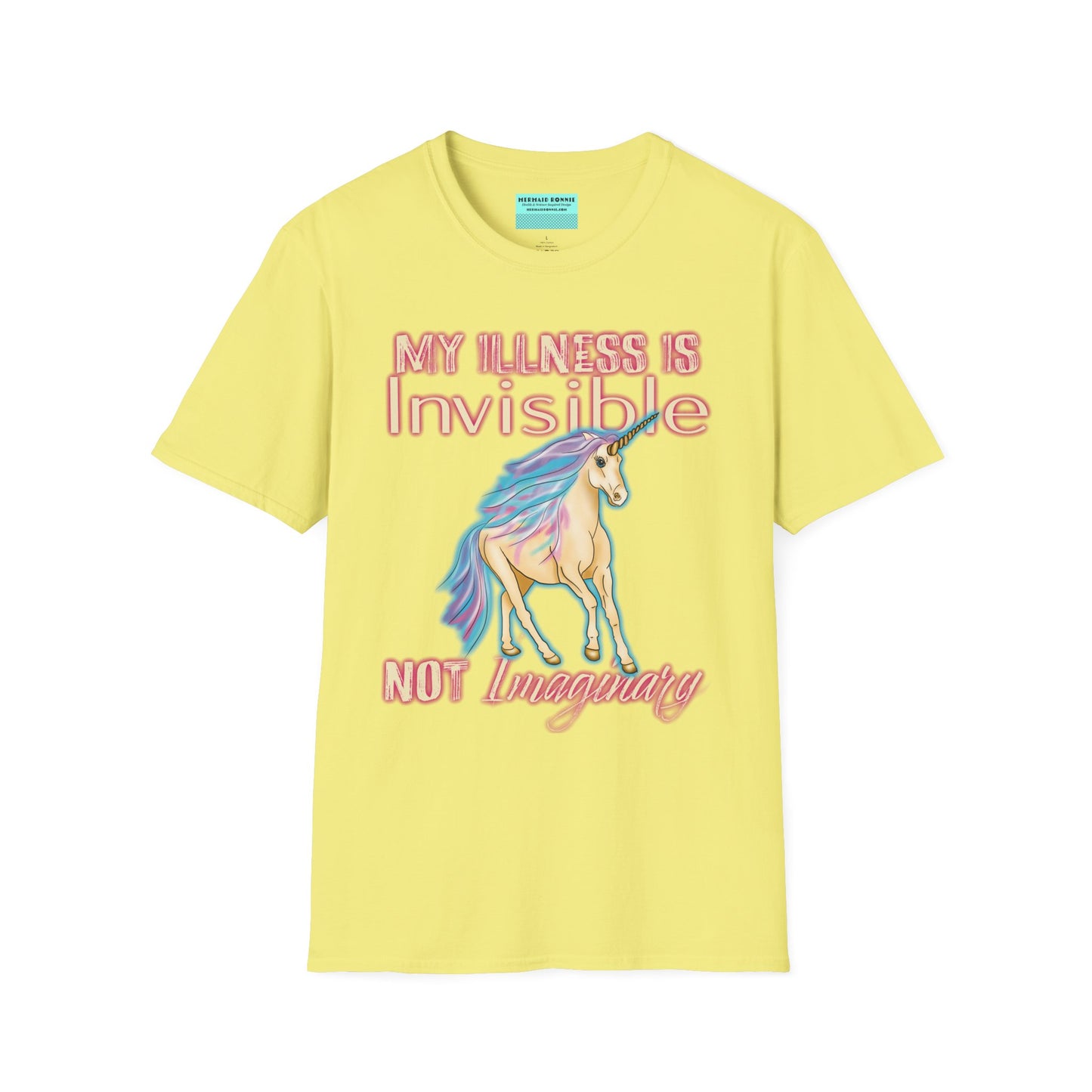 Yellow shirt featuring a drawing of a unicorn and the phrase 'My illness is invisible not imaginary'.