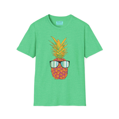Green t-shirt featuring a drawing of a pineapple wearing sunglasses.