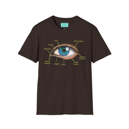 Brown shirt featuring an anatomical diagram of an eye, with labeled parts of the eye displayed.