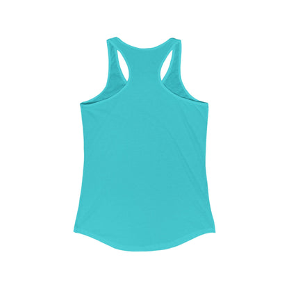 The posterior view of a blue women's racerback tank top.