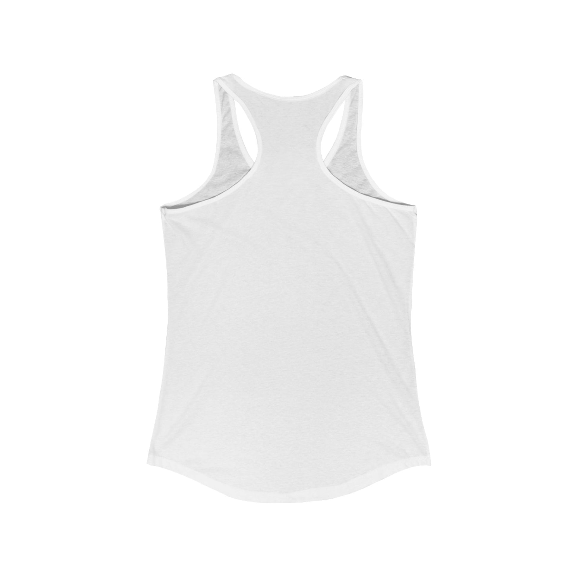 The posterior view of a white women's racerback tank top.