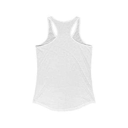 The posterior view of a white women's racerback tank top.