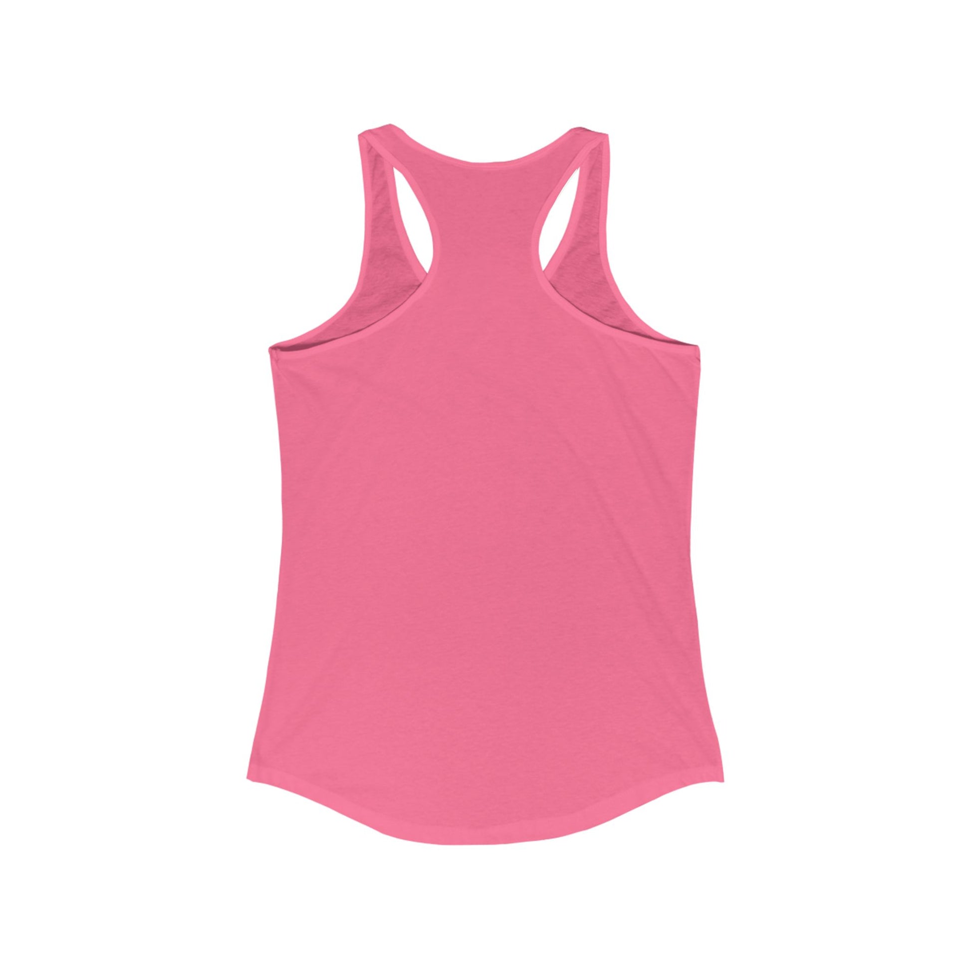 The posterior view of a pink women's racerback tank top.