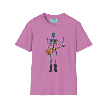 Light purple t-shirt featuring a tie-dye skeleton holding a guitar, dressed like a classic rocker with boots, a bandana, and rock-style clothing.