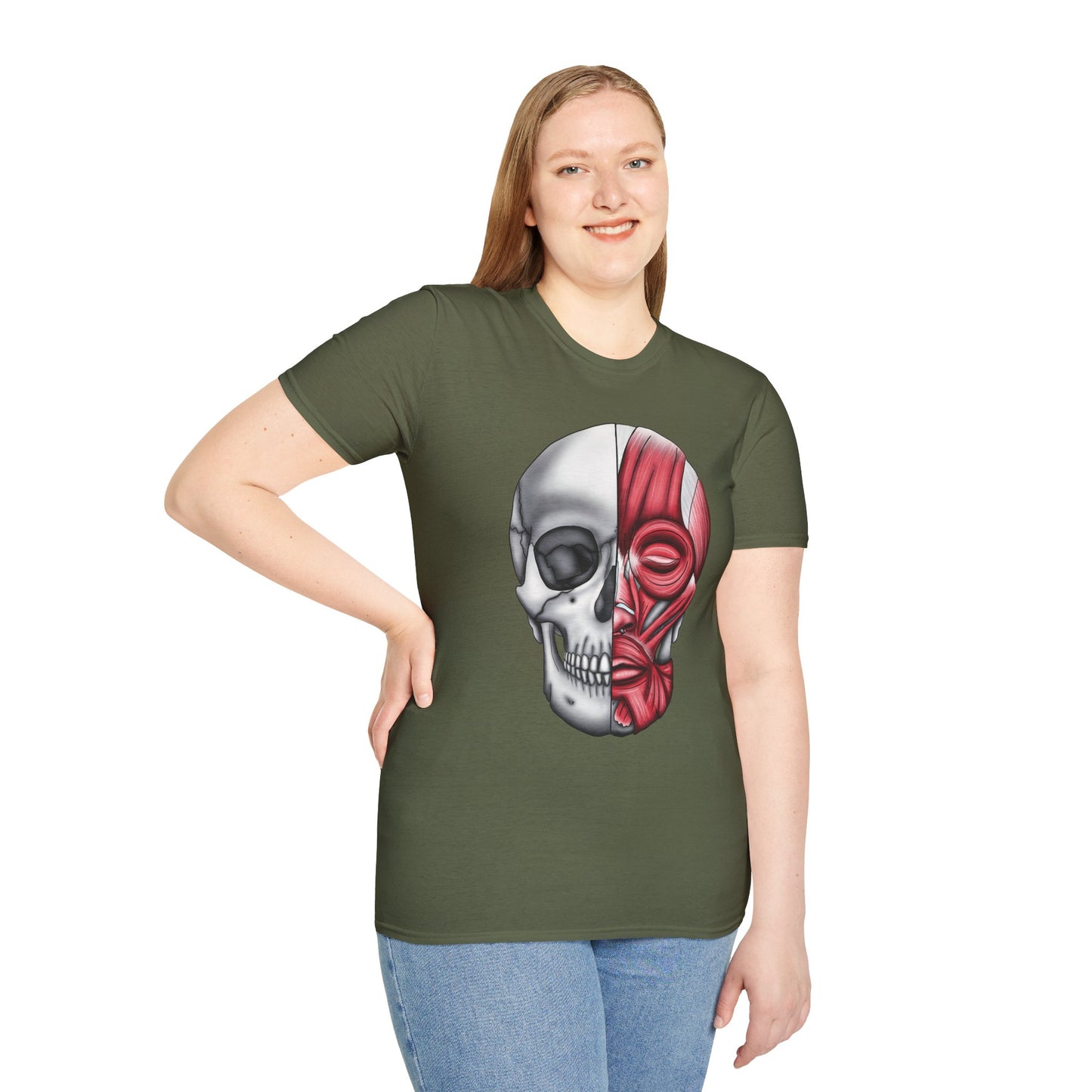 Woman wearing a green shirt featuring an anatomically correct skull illustration, with half of the skull covered by facial muscles.
