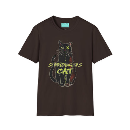 Brown unisex short-sleeve tee featuring the infamous Schrödinger’s cat—half-alive, half-dead, and fully committed to quantum confusion. The feline paradox lounges proudly beneath the words "Schrödinger's Cat," because science jokes are both alive and kicking and six feet under.