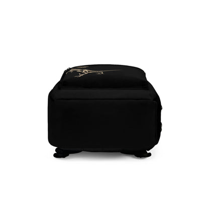 Bottom view of a black backpack featuring illustrations of two velociraptor skeletons in a dynamic, fossil-style design