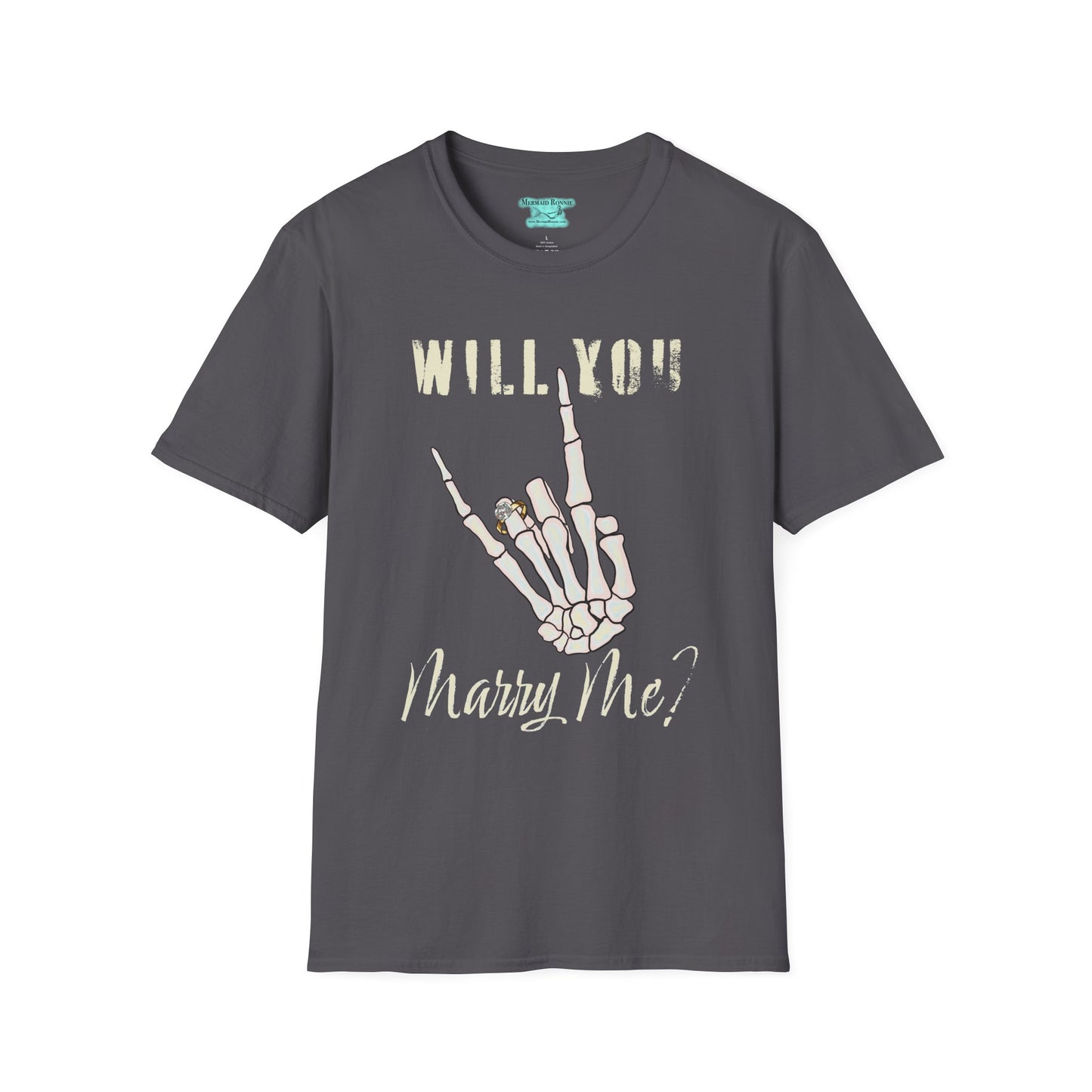 Will You Marry Me T-Shirt, Skeleton Rock and Roll Symbol, Unisex Wedding Proposal Tee