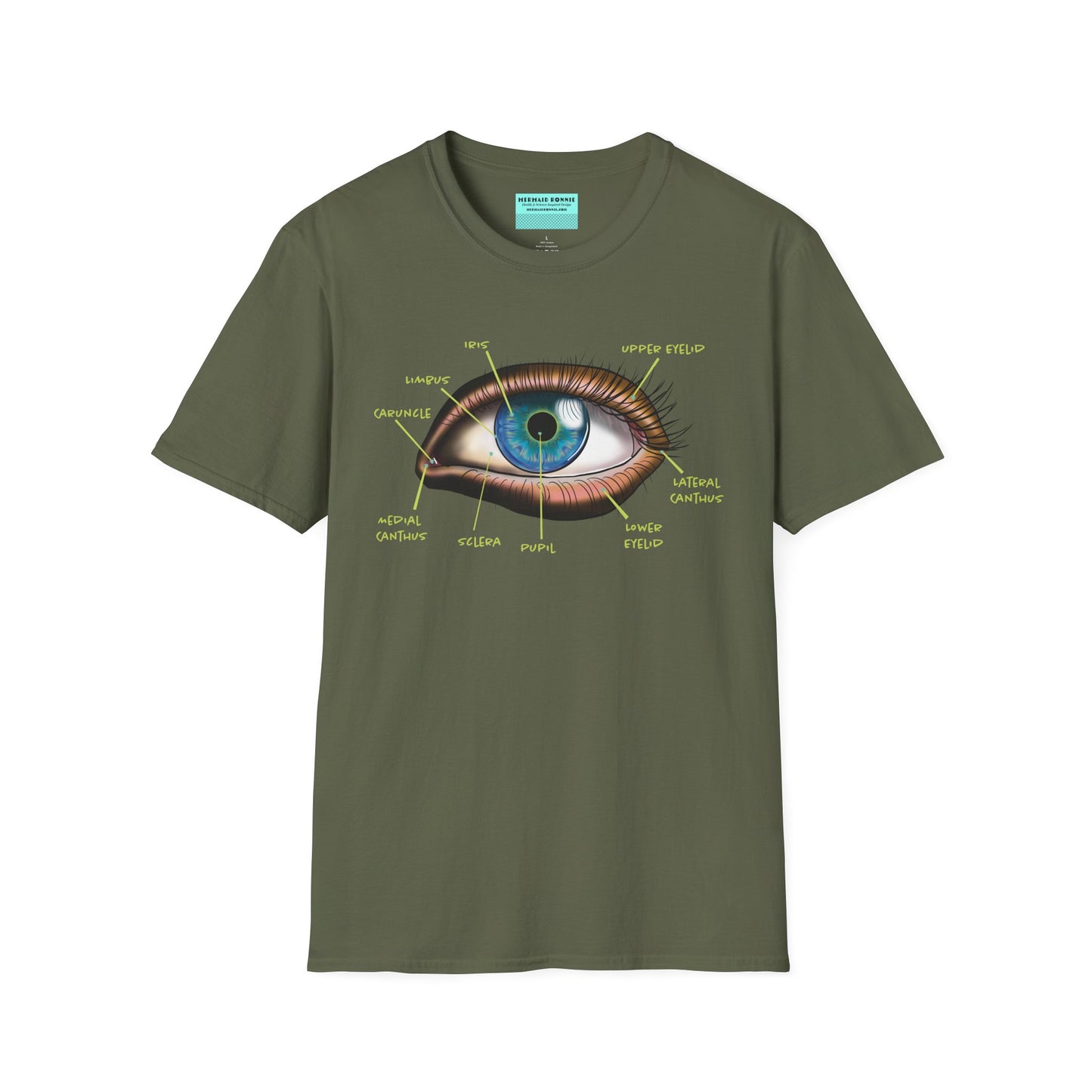 Military green shirt featuring an anatomical diagram of an eye, with labeled parts of the eye displayed.