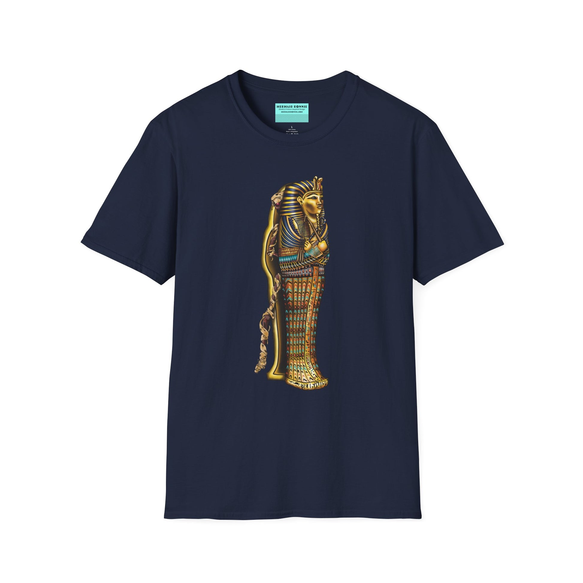 Navy t-shirt featuring an illustration of an Egyptian sarcophagus, with a mummy stepping out of it and glowing red eyes.
