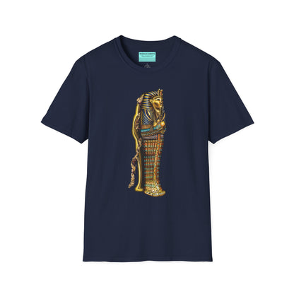 Navy t-shirt featuring an illustration of an Egyptian sarcophagus, with a mummy stepping out of it and glowing red eyes.