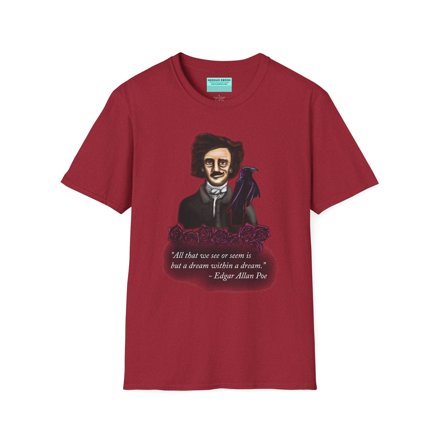 Red t-shirt featuring a drawing of Edgar Allan Poe with a raven perched nearby and red roses surrounding them, along with the quote 'All that we see or seem is but a dream within a dream.'