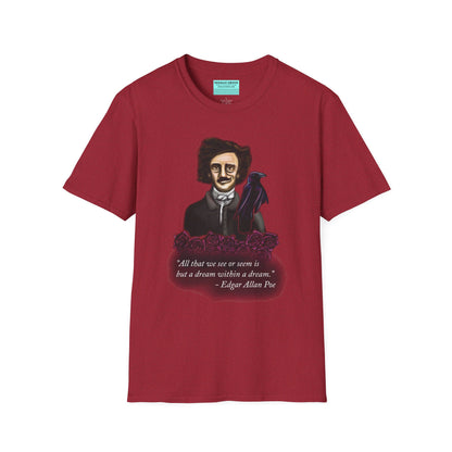 Red t-shirt featuring a drawing of Edgar Allan Poe with a raven perched nearby and red roses surrounding them, along with the quote 'All that we see or seem is but a dream within a dream.'