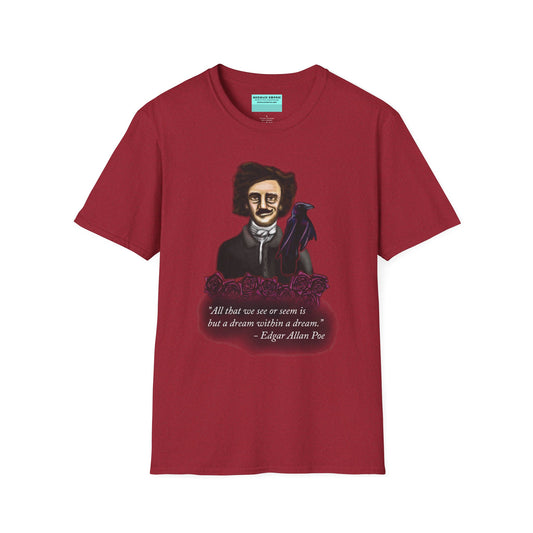 Red t-shirt featuring a drawing of Edgar Allan Poe with a raven perched nearby and red roses surrounding them, along with the quote 'All that we see or seem is but a dream within a dream.'