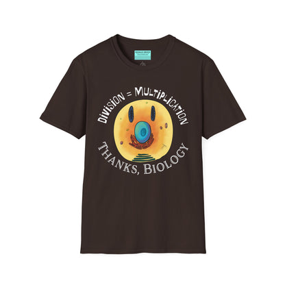 Brown t-shirt featuring an illustration of a cell, with cellular organelles arranged to create a smiley face. The text 'Division = Multiplication. Thanks, Biology' is displayed surrounding the image.