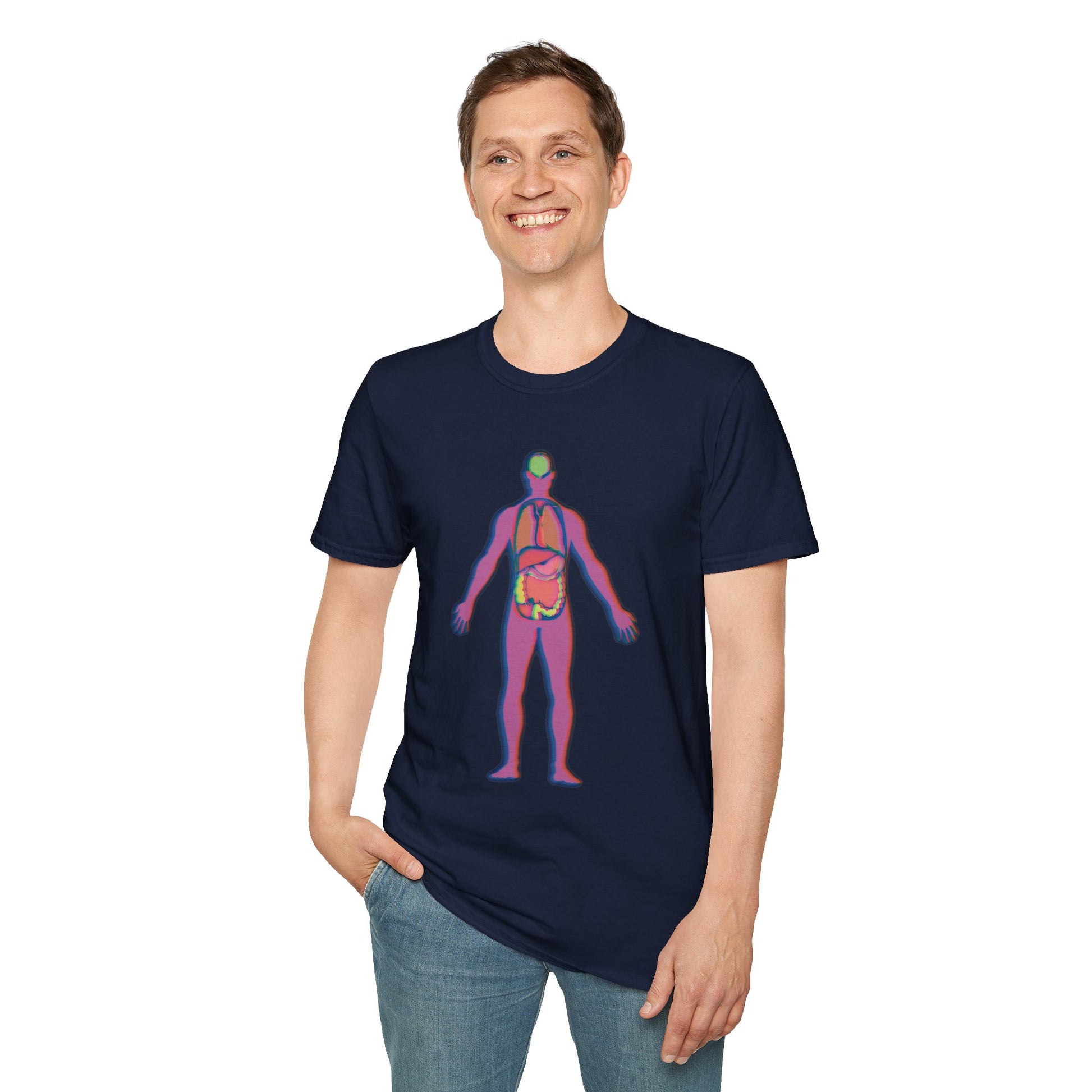 Man wearing a navy t-shirt featuring an illustration of an anatomical figure with internal organs shown in different colors.