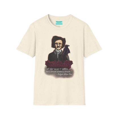 Beige t-shirt featuring a drawing of Edgar Allan Poe with a raven perched nearby and red roses surrounding them, along with the quote 'All that we see or seem is but a dream within a dream.'