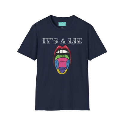 Navy short-sleeve unisex t-shirt featuring a classic tongue taste map with the words “It’s a lie” boldly above it—busting the myth that different parts of your tongue taste different things. Sweet, salty, sour, bitter? Taste buds don’t discriminate!
