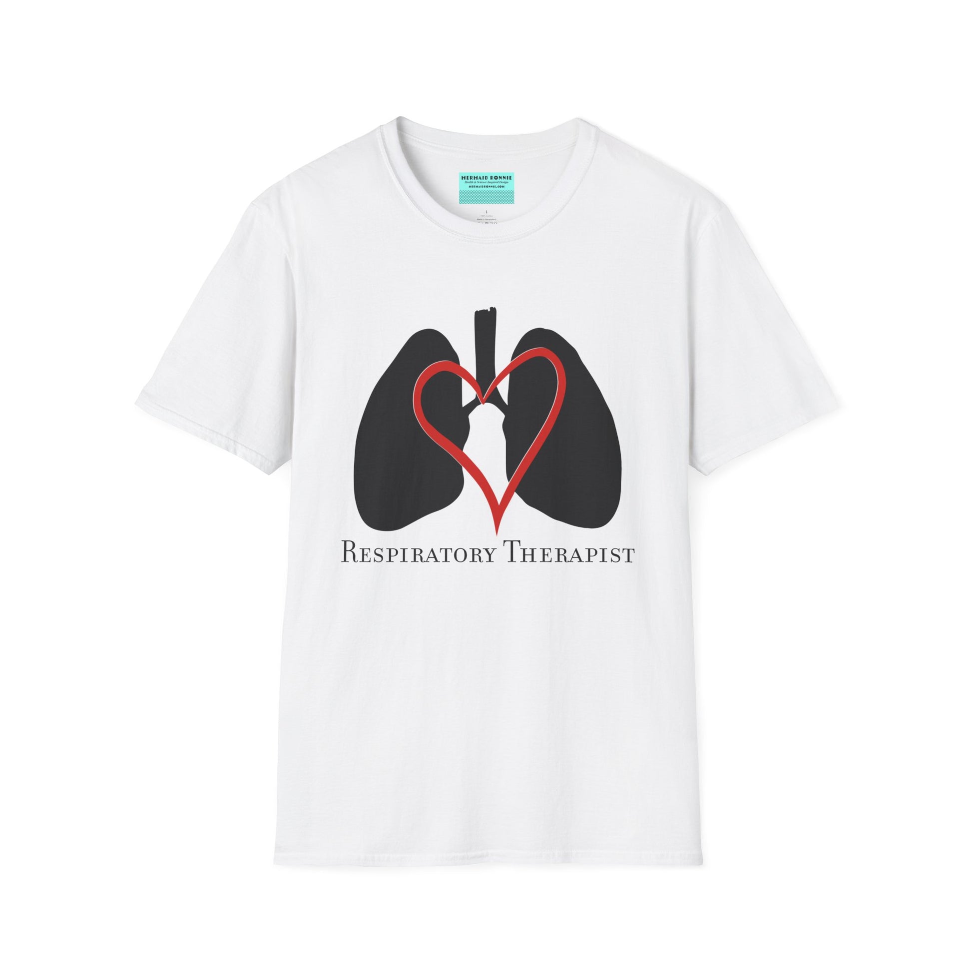 White unisex short sleeve t-shirt with a graphic illustration of a heart and lungs; the words "respiratory therapist" are printed below the design.
