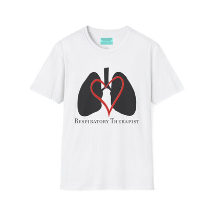 White unisex short sleeve t-shirt with a graphic illustration of a heart and lungs; the words "respiratory therapist" are printed below the design.