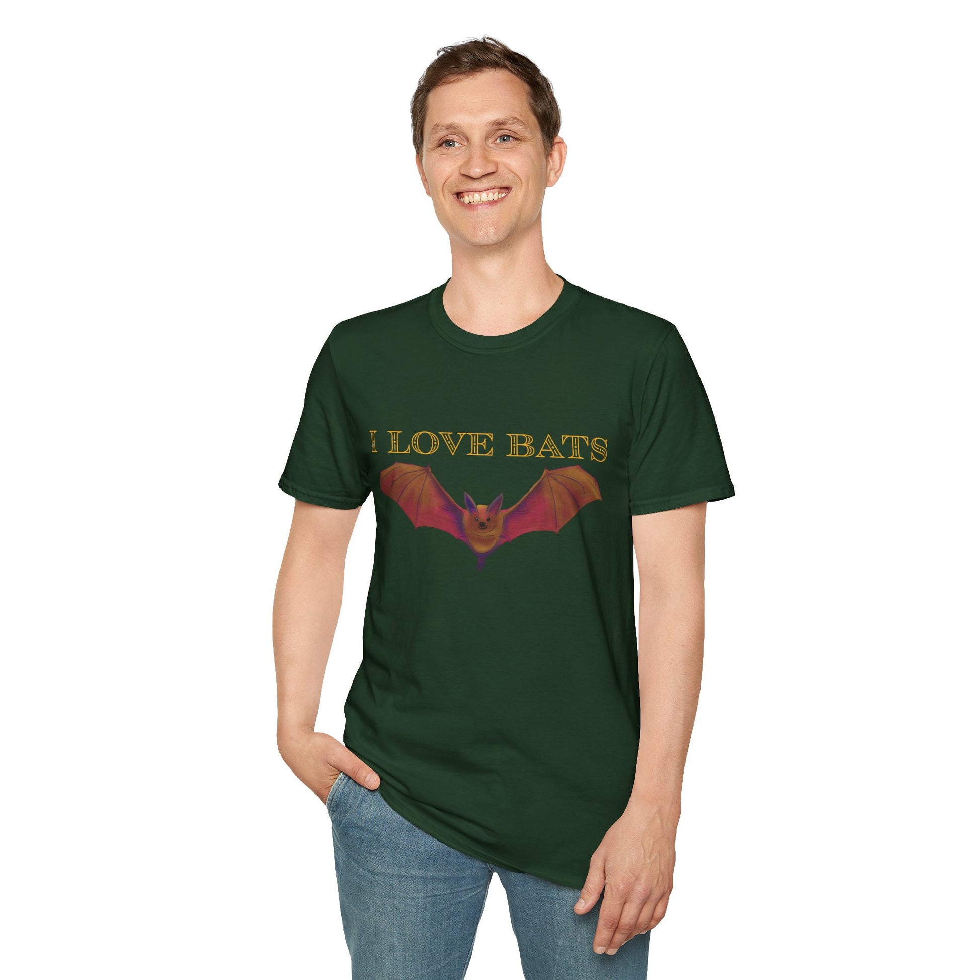 Man wearing a green t-shirt featuring an irresistibly adorable brown bat with outstretched wings across the chest and the text “I love bats” — perfect for anyone who’s batty about flying mammals. 