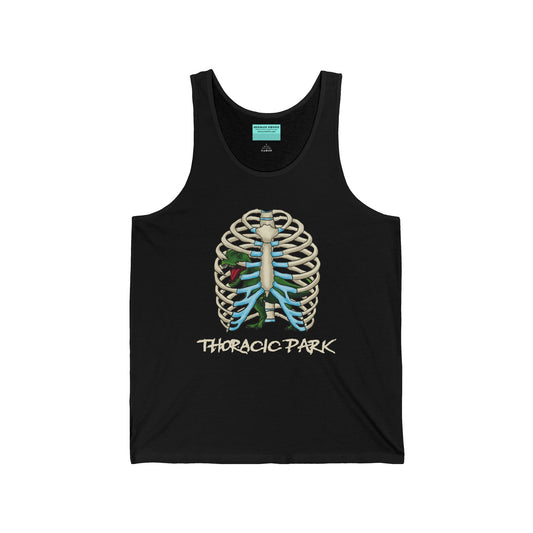 A black unisex tank top featuring a ribcage with a T-Rex inside, and the punny text "Thoracic Park"—perfect for fans of both dino-sized humor and anatomy!